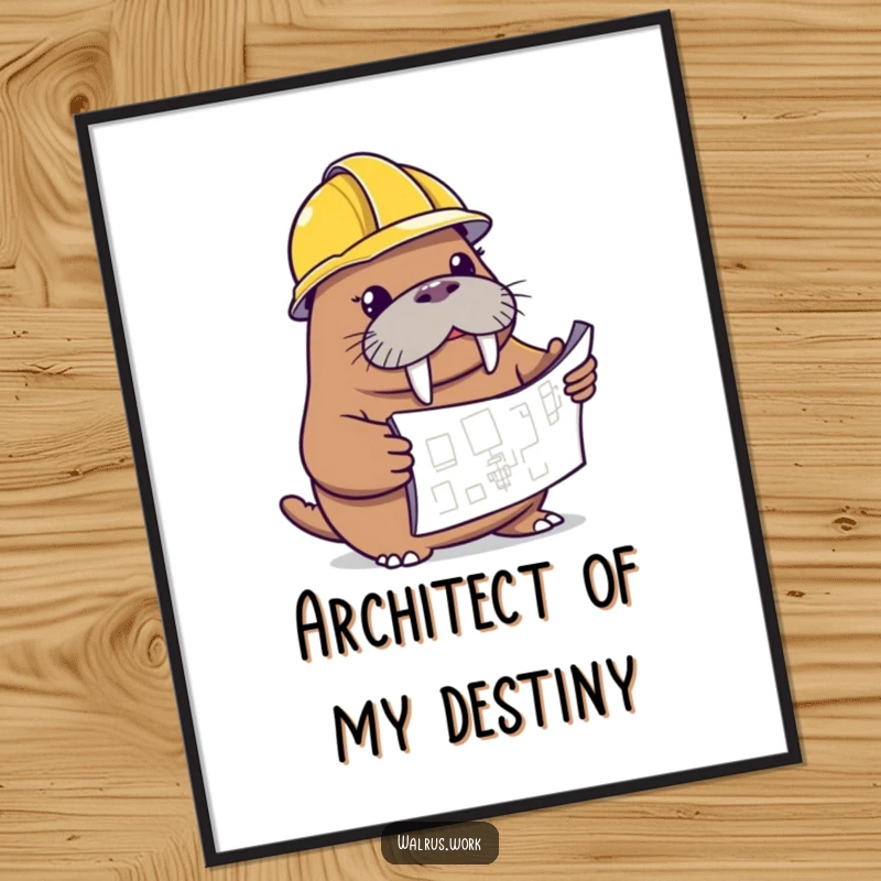 Funny walrus digital art print of a walrus in a hard hat looking at a blueprint, instant decor.
