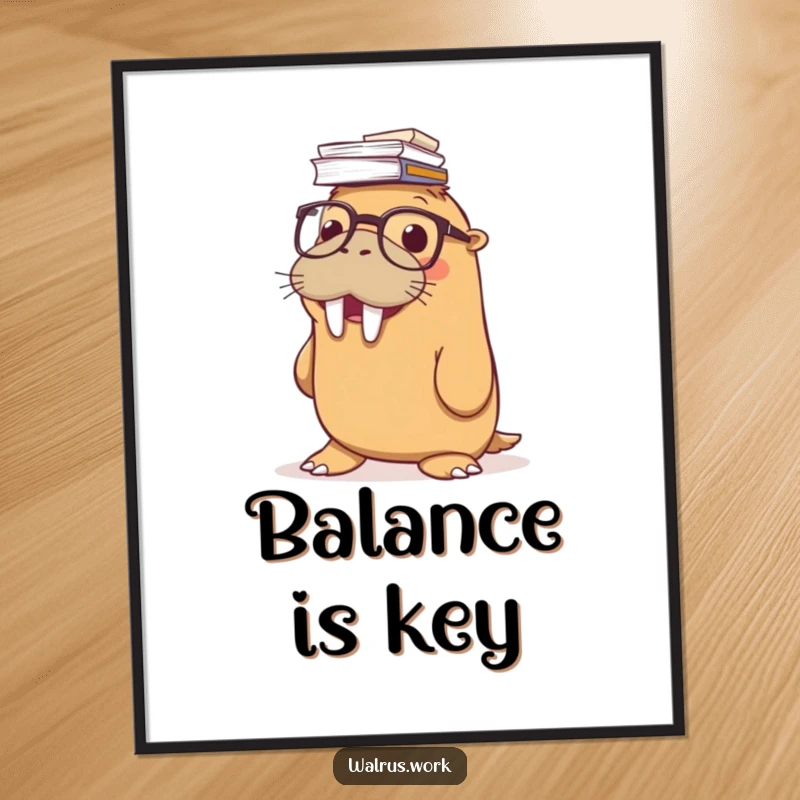 Funny digital art print of a smiling walrus wearing glasses, balancing a massive stack of papers on its nose, suitable for humorous wall decor.