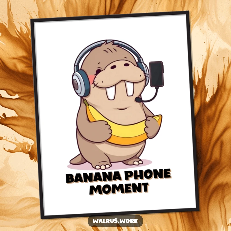 Funny digital art print of a giggling walrus wearing a headset, holding a banana as a phone, symbolizing hilarious tech mishaps.