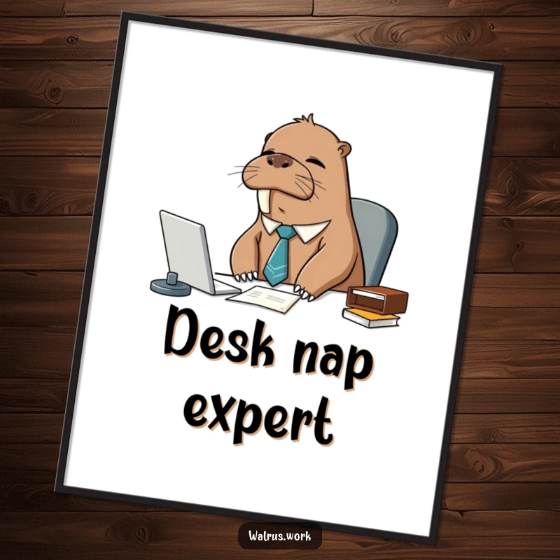 Funny sleepy walrus wearing a tie, looking tired at a desk, as digital wall art, ready for instant humorous display.