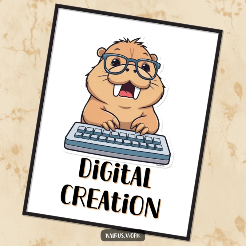 Funny digital art print of a walrus wearing glasses, typing excitedly on a keyboard, perfect for humorous and productive wall decor.