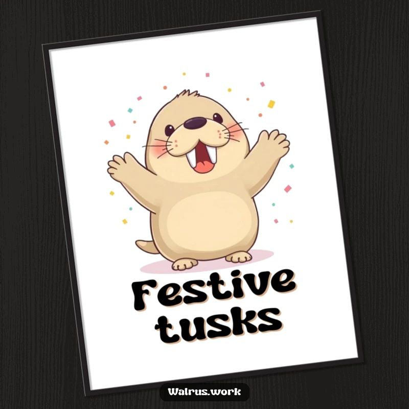 Funny walrus digital art print with a walrus cheering and confetti falling, perfect for parties.