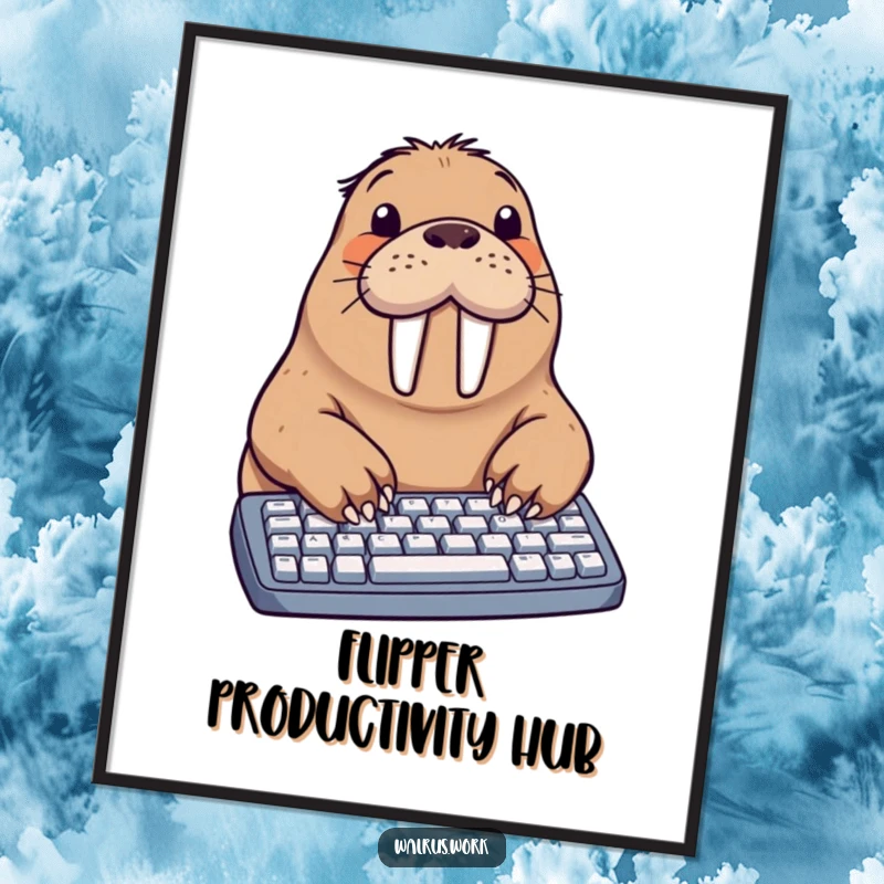 Funny walrus typing digital art print showing a walrus humorously operating a computer keyboard with its flippers, for immediate wall decor.