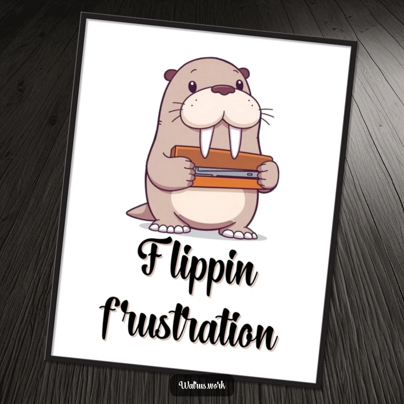 Funny walrus digital art print of a walrus character hilariously attempting to use a stapler far too large for its flippers.