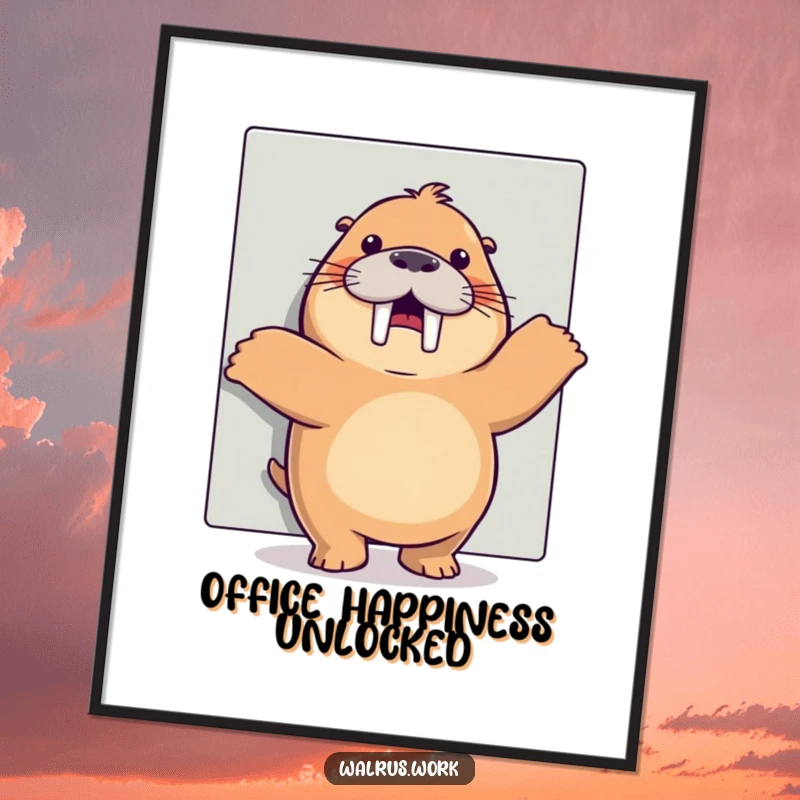 Funny happy dance walrus digital art print showing a joyful walrus grooving behind office cubicle walls, printable funny gift.