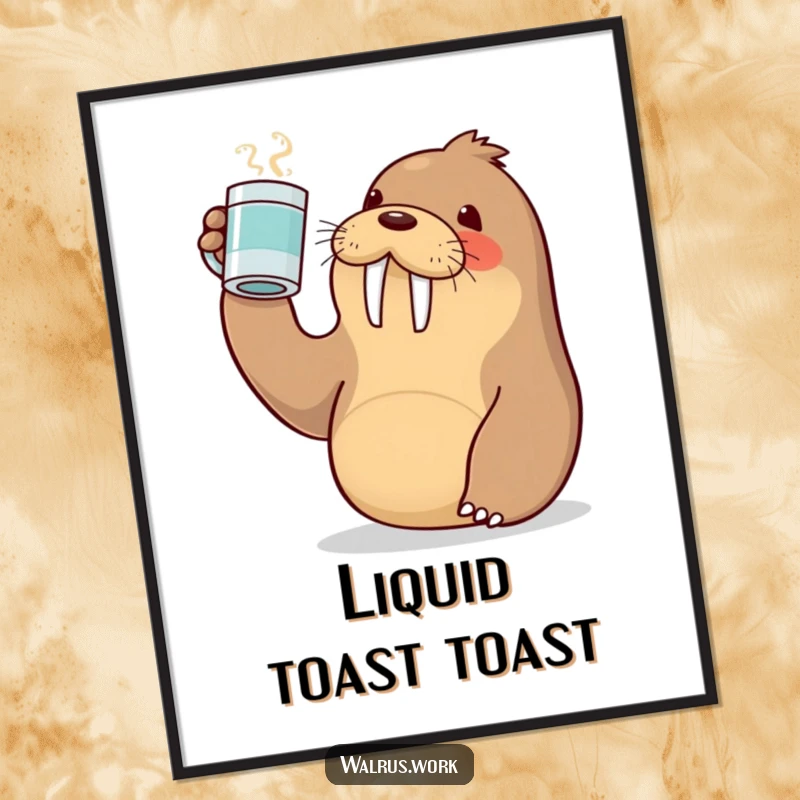 Funny digital art print of a cute Kawaii walrus joyfully raising a coffee mug in a toast, ideal for instant download.