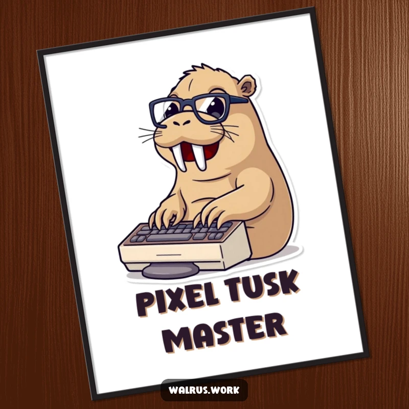 Funny typing walrus digital art print of a walrus wearing glasses, excitedly typing on a keyboard, ready for instant display.