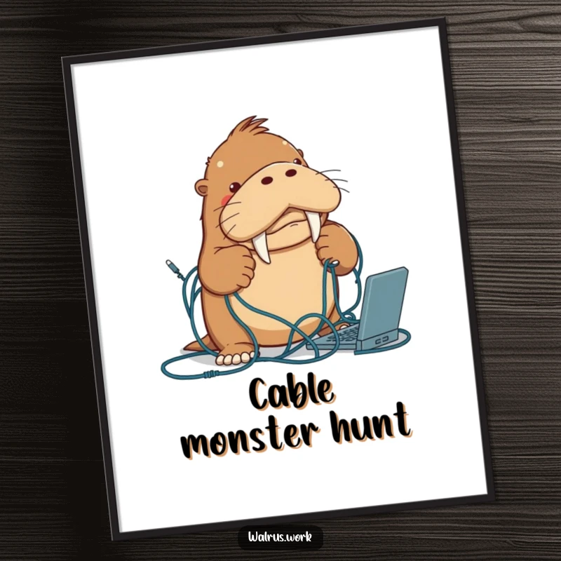 Funny walrus digital art print of a determined walrus character hilariously tangled in computer cables, perfect for tech lovers.