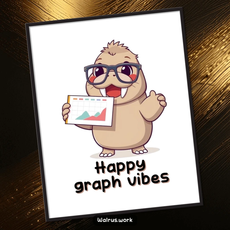 Funny digital art print of a happy walrus wearing oversized glasses, enthusiastically presenting a chart with a smiling face.