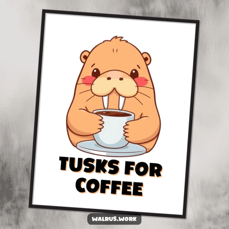Funny walrus digital art print of a walrus with a contented smile, enjoying a warm cup of coffee.