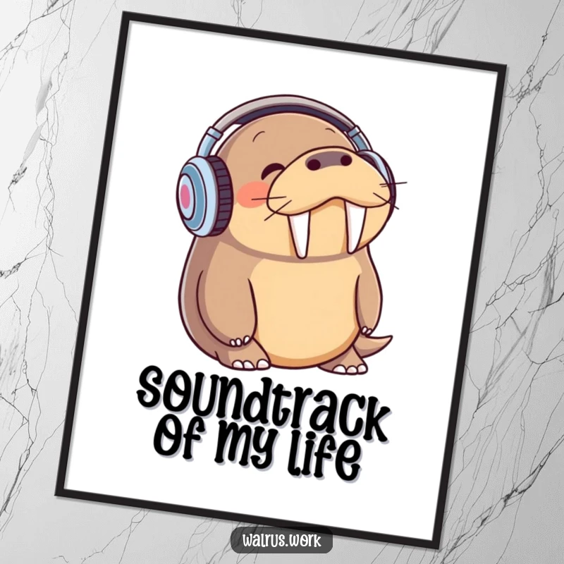Funny walrus wearing headphones, bopping its head to music, high-resolution digital art print.