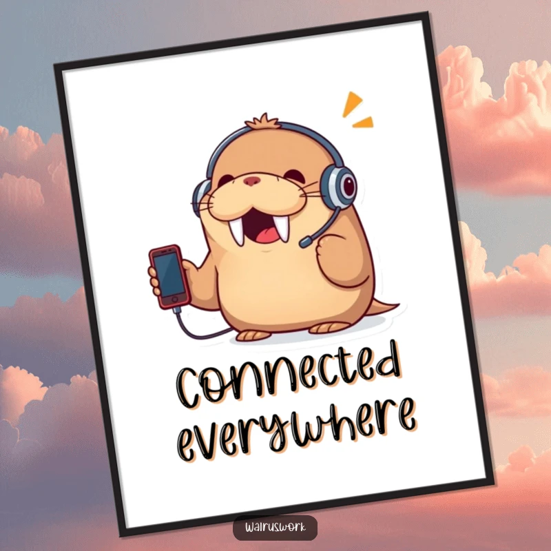 Funny digital art print of a cheerful walrus wearing a headset, talking on a tiny phone, suitable for humorous wall decor.