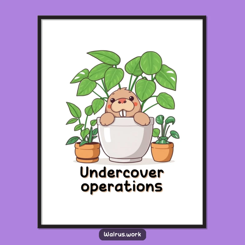 Funny Walrus Digital Art: Hilarious Peek-a-Boo Plant Decor Print!