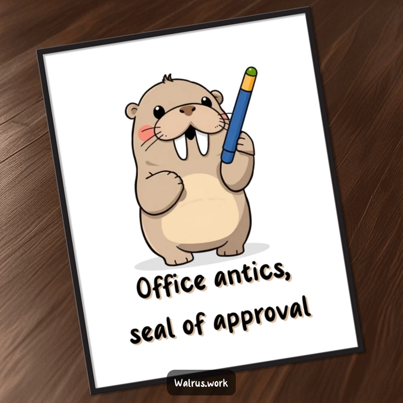 Funny digital art print of a walrus playfully batting at a dangling pen, adding instant playful humor and charm.