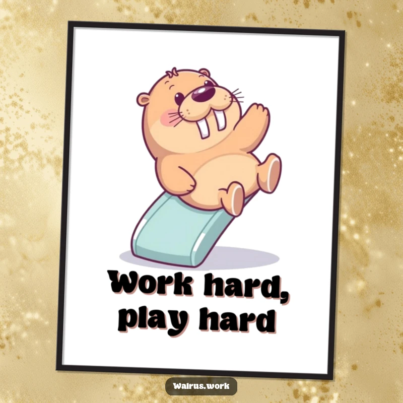 Funny digital art print of a walrus gleefully sliding down a miniature office slide, perfect for adding office fun and humor to decor.