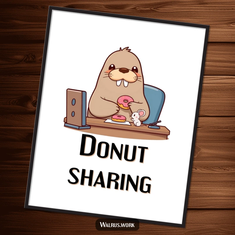 Funny walrus digital art print of a beaming walrus character sharing a donut with a tiny mouse, celebrating sweet friendship.