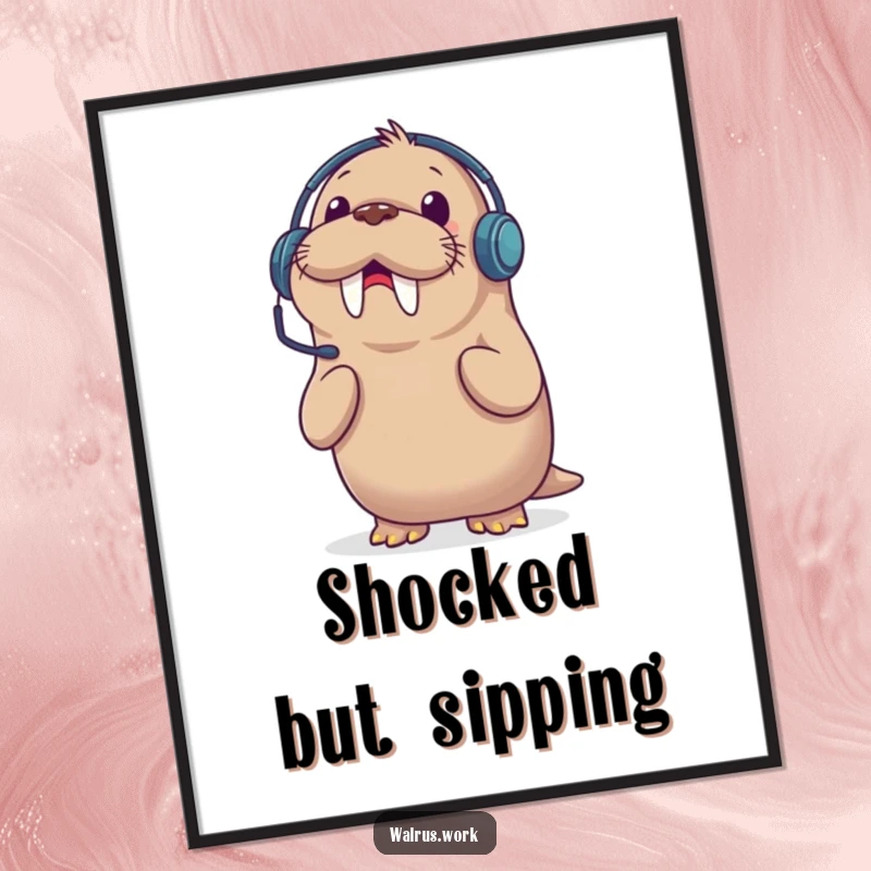 Funny digital art print of a walrus wearing a headset, looking shocked by an incoming phone call, perfect for humorous decor.