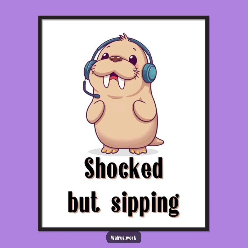 Funny Walrus Headset Art Print: Shocked Caller Decor, Hilarious Wall Art Gift