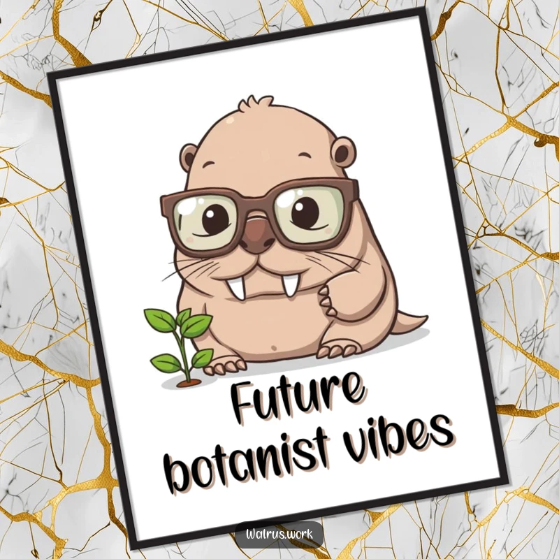 Funny walrus digital art print, a wise walrus in large glasses, intently studying a tiny sprout, a humorous piece for walls.