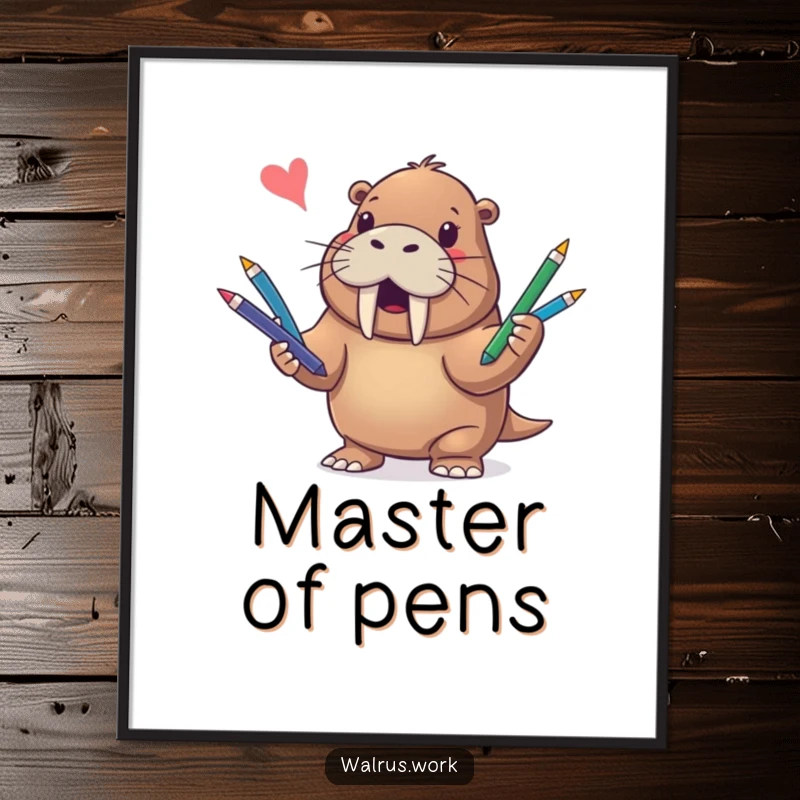 Funny digital art print of a cheerful walrus artistically juggling a colorful set of pens, radiating joy and humor.