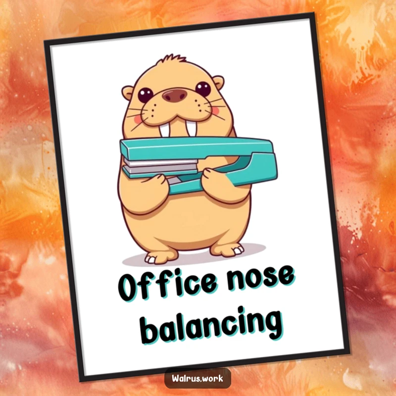 Funny walrus stapler digital art print showing a proud walrus balancing a stapler on its nose, for instant, humorous wall decor.