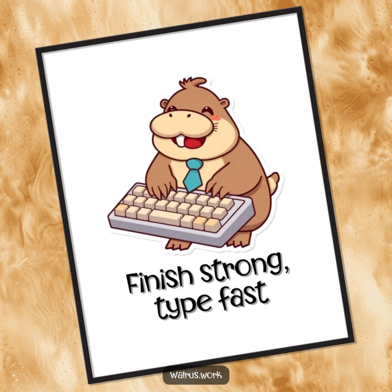 Funny walrus digital art print of a smiling walrus in a tie typing on a comically oversized keyboard, ready to frame.