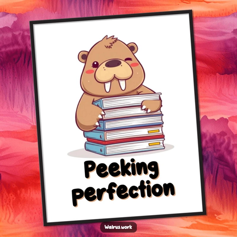 Funny digital art print of a walrus peeking from files and winking, ready to download and display.