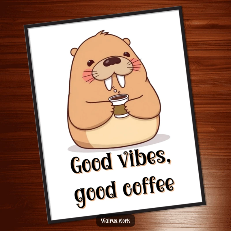 Funny digital art print of a friendly walrus offering a tiny coffee cup with a nod, perfect for adding office charm and humor to decor.