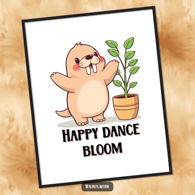 Funny digital art print of a cute Kawaii walrus doing a happy dance next to a potted plant, ideal for instant download.