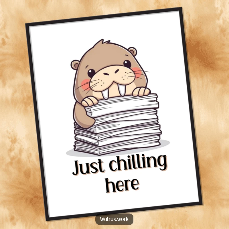 Funny digital art print of a walrus peeking from behind papers. Instant humorous office decor. Gift.