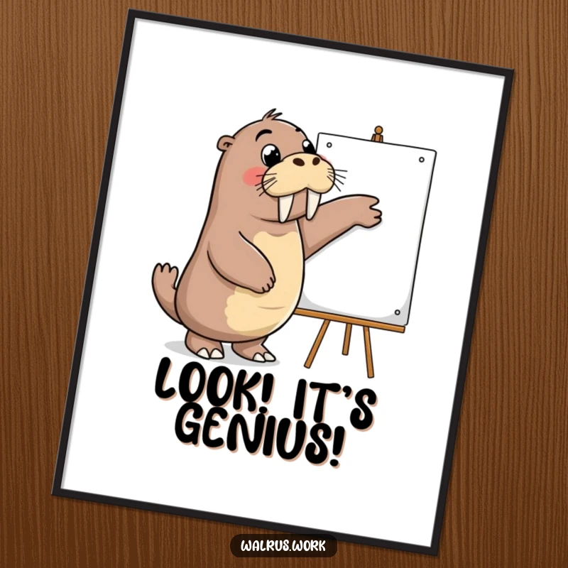 Funny digital art print of a walrus pointing at a whiteboard, ideal for motivational and office-themed wall decor.