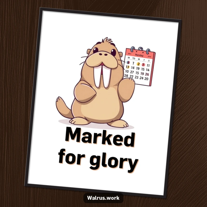 Funny Walrus Digital Art: A walrus joyfully points to a calendar, capturing a moment of dramatic glee for instant humorous decor.