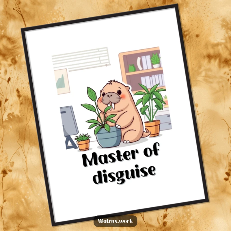 Funny office walrus digital art print of a walrus hiding behind a potted plant, instant decor.