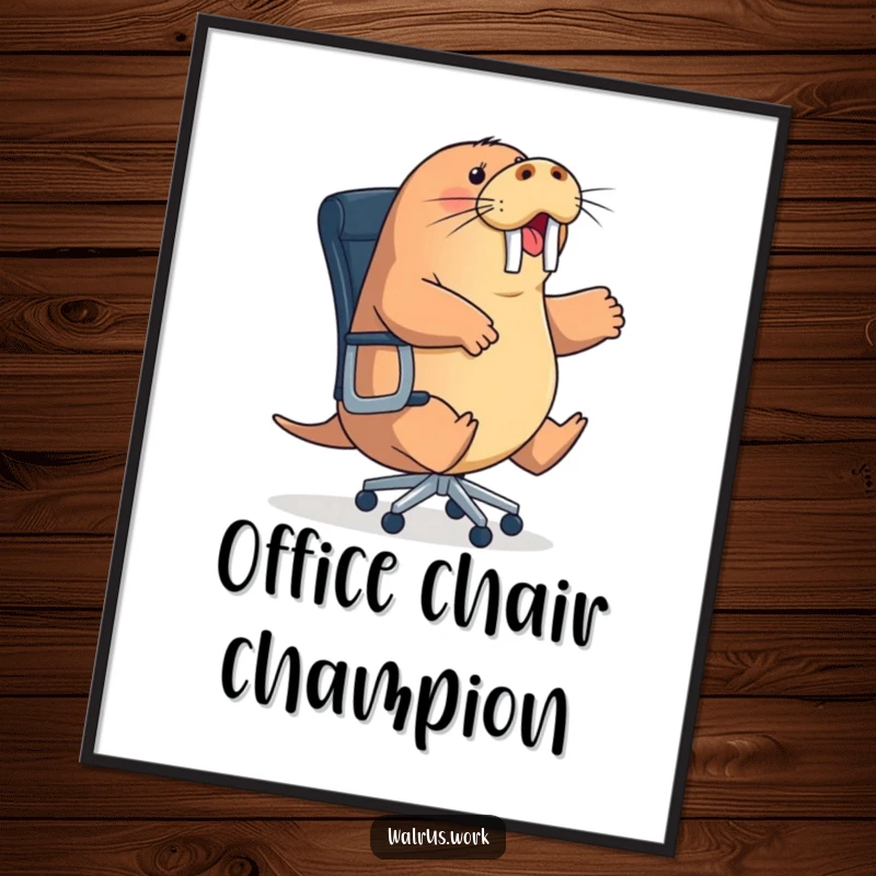 Funny energetic walrus digital art print showing a sea mammal hilariously attempting to ride a rolling office chair, printable funny gift.