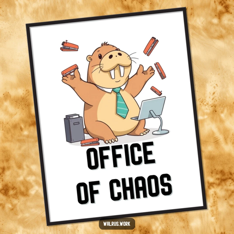 Funny digital art print of a walrus in a tie juggling staplers at a desk, vibrant and humorous office decor.