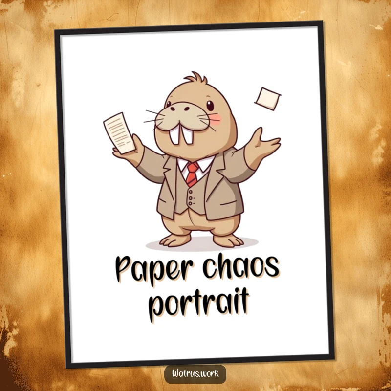 Funny digital art print of a walrus wearing a small suit, juggling numerous papers, perfect for humorous and dynamic wall decor.