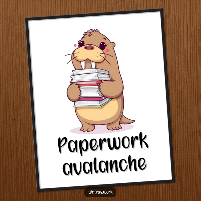 Funny digital art print of a walrus struggling with a large stack of files, ideal for humorous and office-themed wall decor.