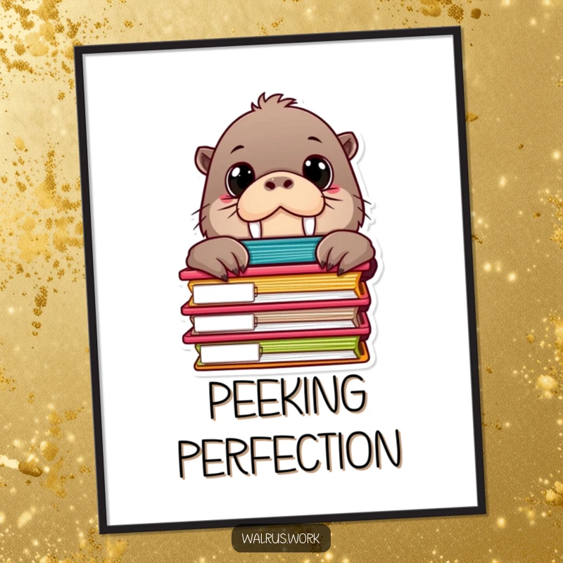 Funny digital art print of a curious walrus character with wide eyes, peeking from behind a stack of colorful file folders.