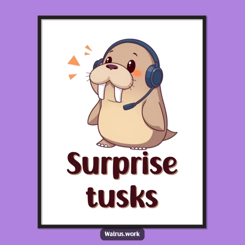 Funny Walrus Digital Art: Surprise Call Headset Print, Instant Humorous Decor