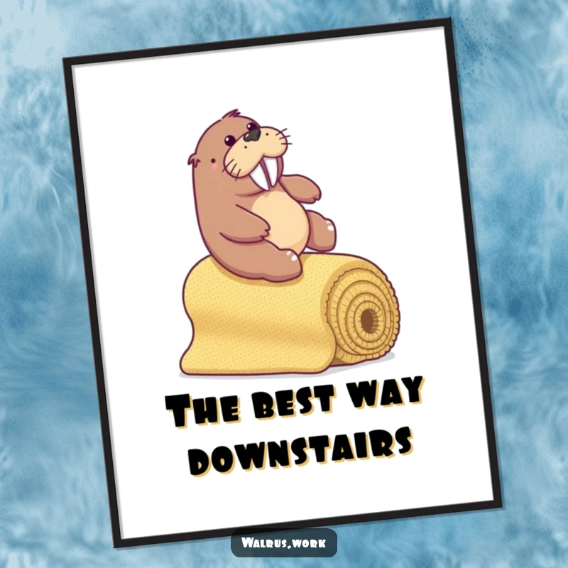 Funny walrus sliding down a bannister made of rolled office carpet, high-resolution digital art print.