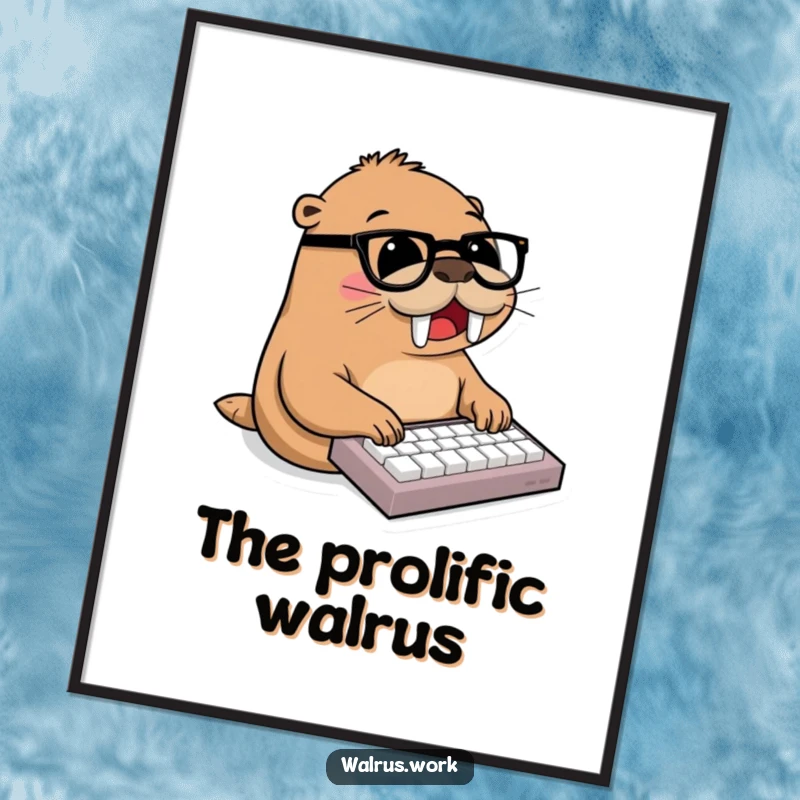 Funny walrus, wearing glasses, joyfully typing on miniature keyboard, office humor, printable wall art, productive funny gift.