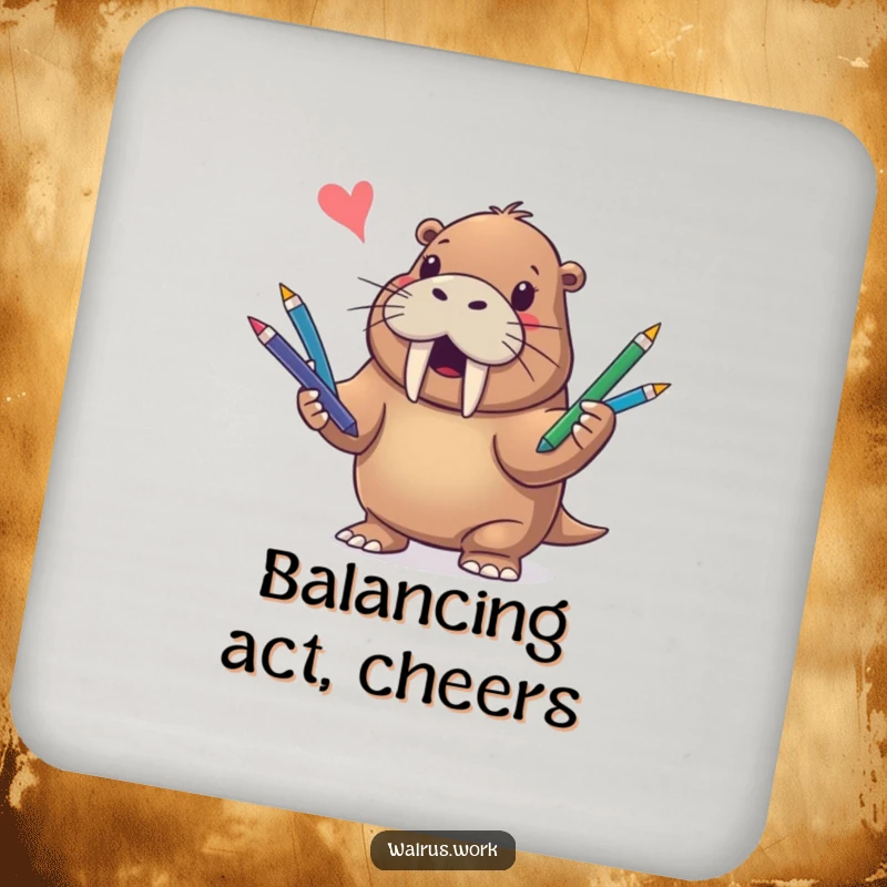Funny coaster featuring a cheerful walrus juggling writing implements, protecting surfaces with a humorous design.