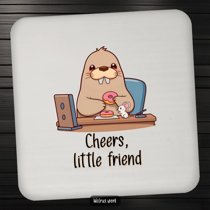 Funny walrus coaster with a beaming walrus character sharing a donut with a tiny mouse, protecting surfaces with charm.