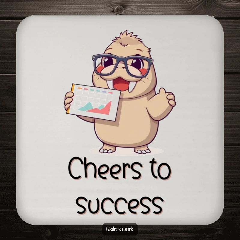 Funny drink coaster featuring a happy walrus in oversized glasses, enthusiastically presenting a chart with a smiling face.