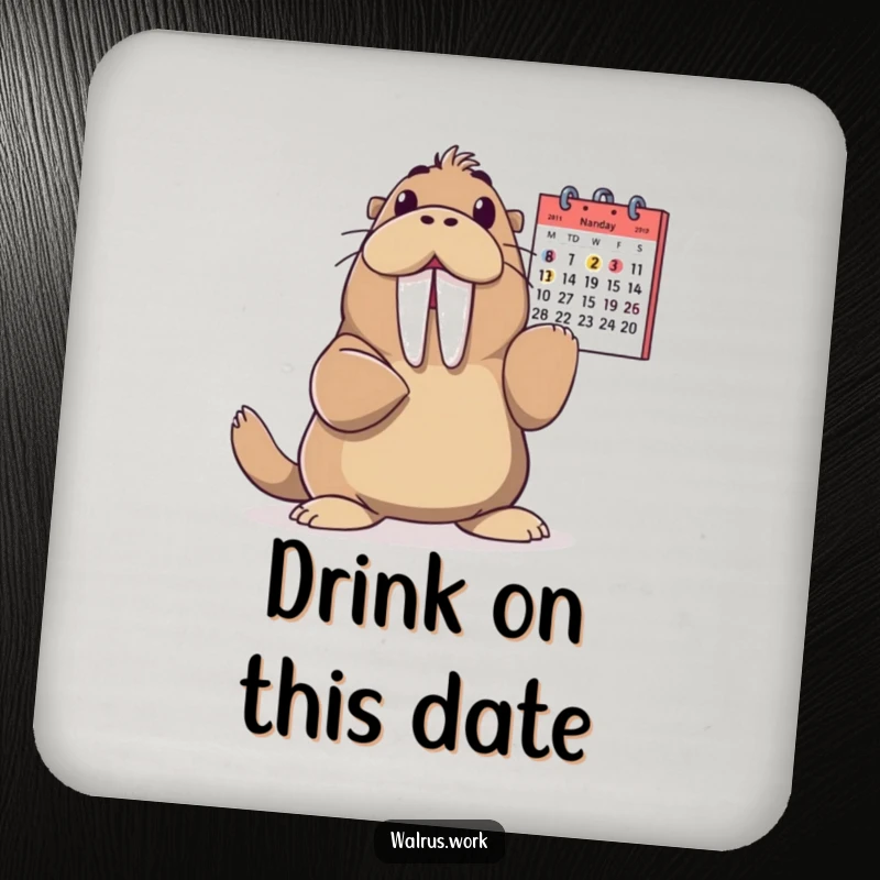 Funny Walrus Coaster: A walrus gleefully points at a calendar, bringing humor and protection to your surfaces with this coaster.