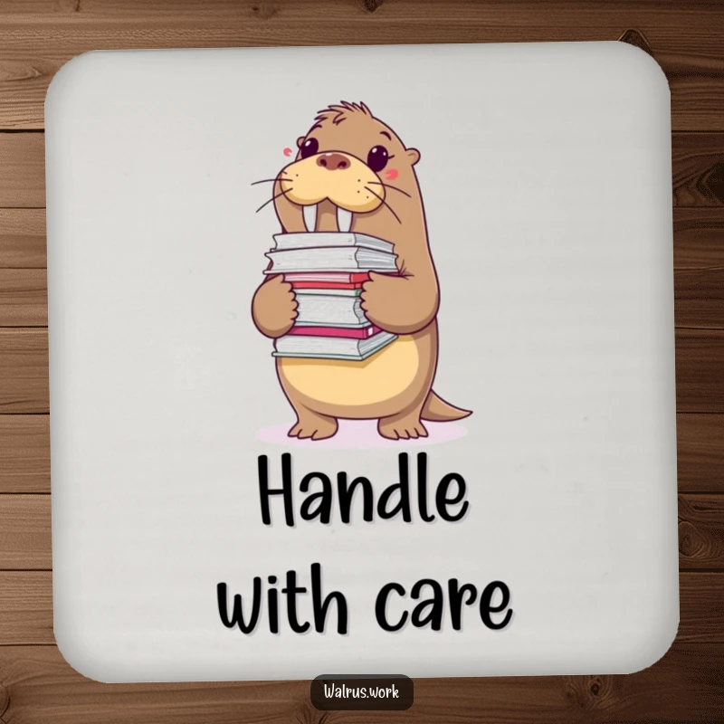 Funny coasters showing a walrus struggling with a large stack of files, adding a humorous and protective element to tabletops.