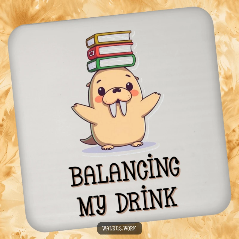 Funny drink coasters showing a cute Kawaii walrus precariously balancing a stack of files on its head, perfect for humor.