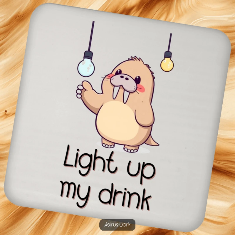 Funny drink coasters showing a cute Kawaii walrus pointing at a lightbulb, perfect for protecting surfaces with humor.