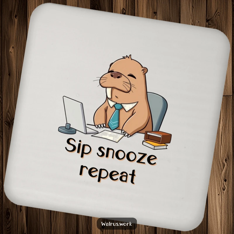 Funny sleepy walrus wearing a tie, at a desk, on a drink coaster, protecting surfaces with office humor.