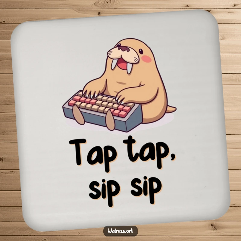 Funny typing walrus coaster, a walrus happily typing on a tiny keyboard, protecting surfaces with digital flair.